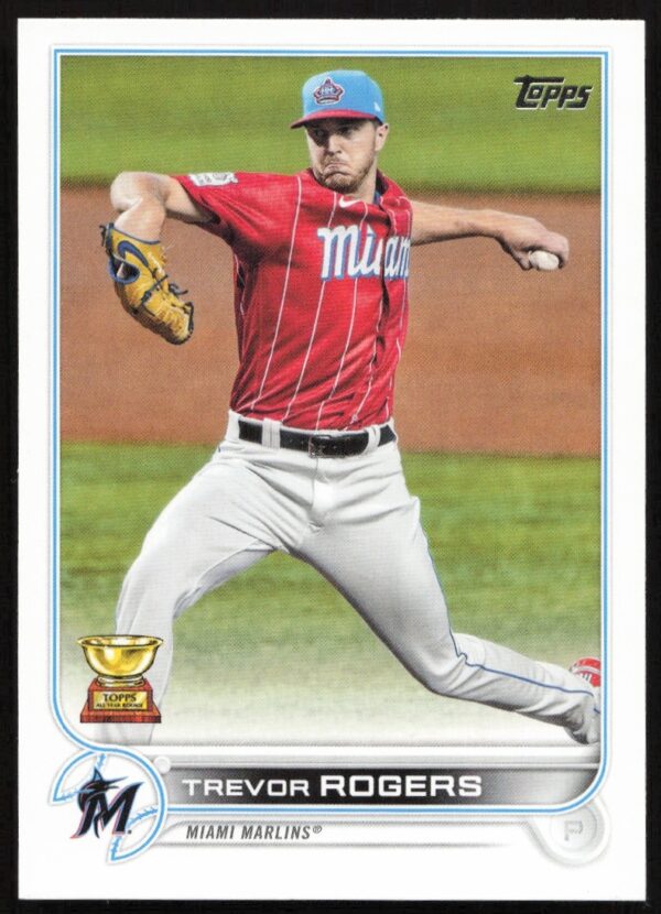 Trevor Rogers pitching, 2022 Topps Series 1 card #24, Miami Marlins uniform, front view.