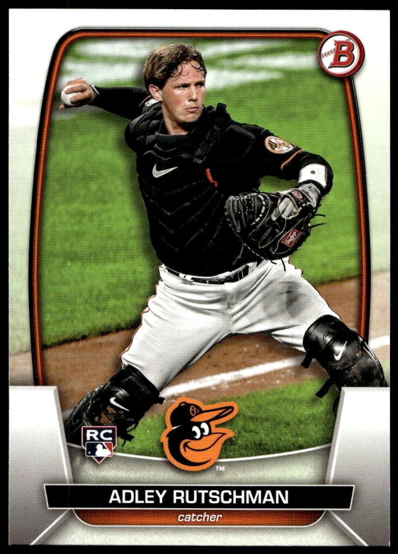 Adley Rutschman 2023 Bowman Card #40 featuring dynamic Baltimore Orioles catcher.