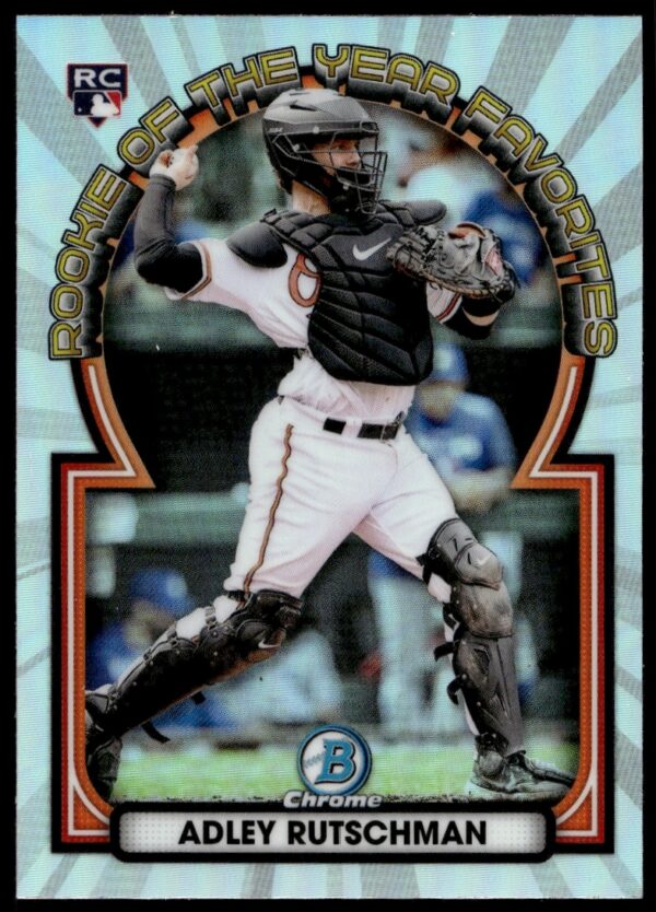 Adley Rutschman 2023 Bowman Rookie of the Year Favorites card front, featuring vibrant portrait.