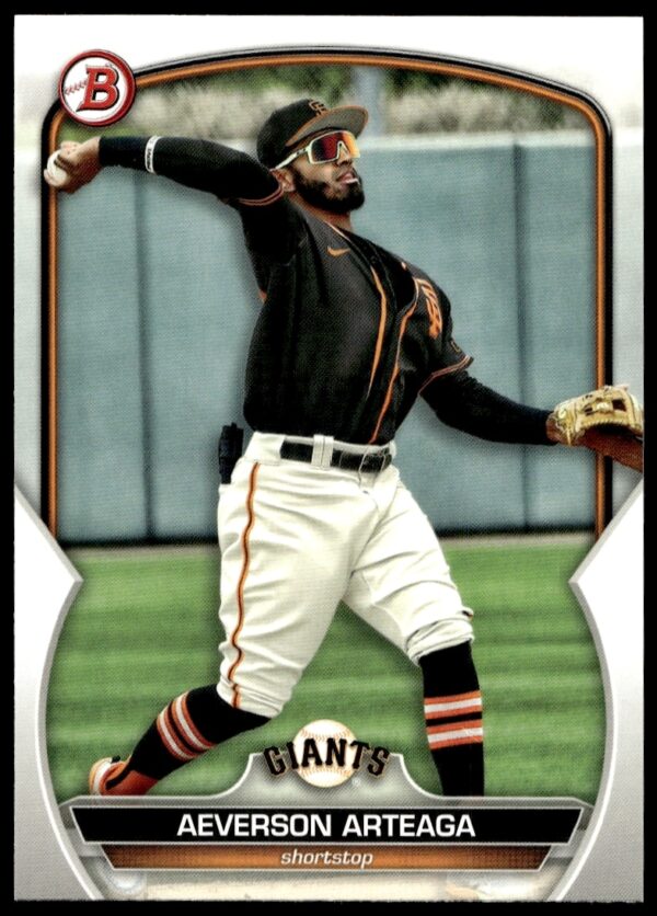 Aeverson Arteaga 2023 Bowman Prospects Card BP-60 Front Image with Team Logo and Stats.