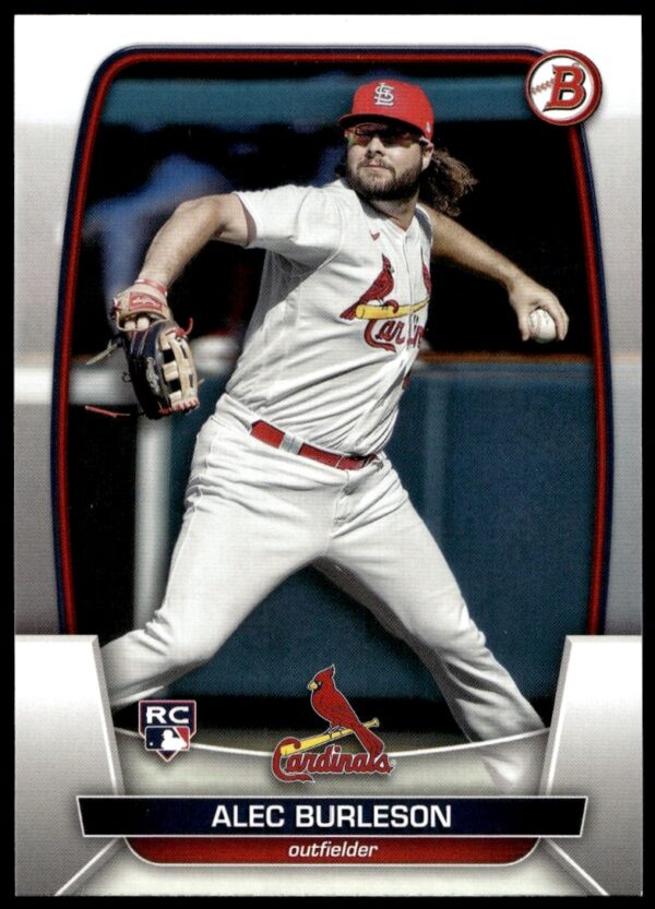 Alec Burleson 2023 Bowman Card #47 Front Showing Game Action.