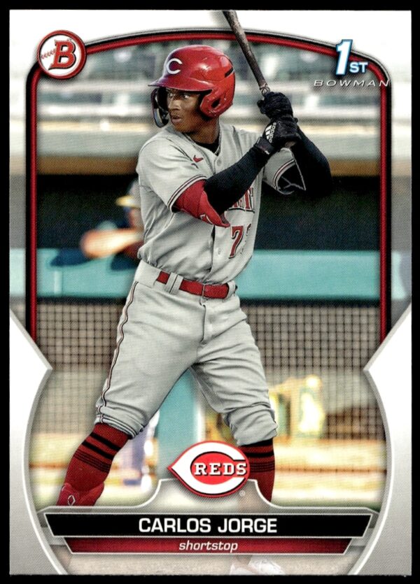 Front view of Carlos Jorges 2023 Bowman Prospects card #BP-120, showcasing dynamic action.
