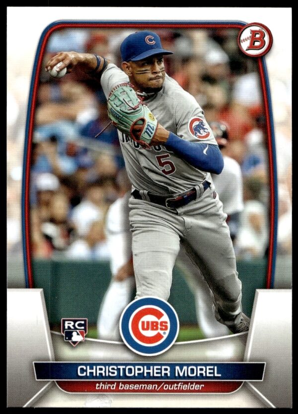 Christopher Morel 2023 Bowman baseball card #34, featuring him in Chicago Cubs uniform.