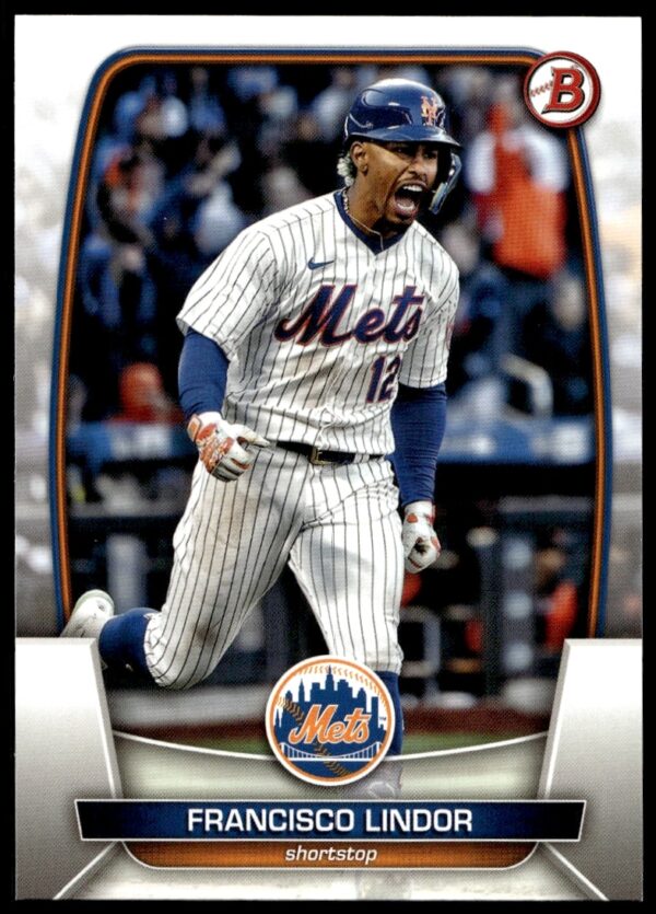 2023 Bowman Card #81: Francisco Lindor in Mets jersey, ready for action.