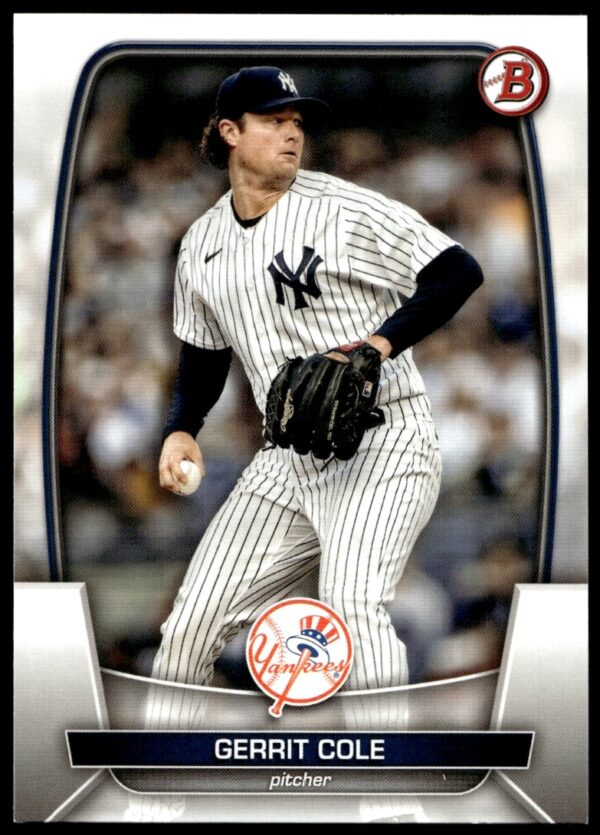 Gerrit Cole 2023 Bowman card #83 featuring Yankees pitcher in action.