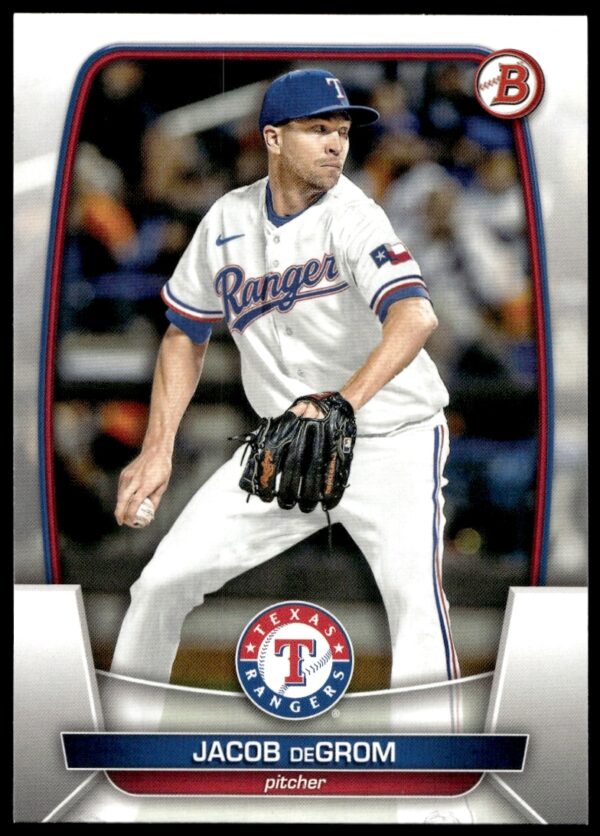 Jacob deGrom 2023 Bowman Baseball Card #54 – Pitching Action in Team Uniform.