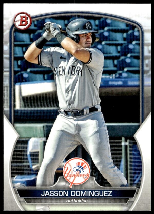 Jasson Dominguez 2023 Bowman Rookie Card #BP-18, New York Yankees Prospect Batting Stance.