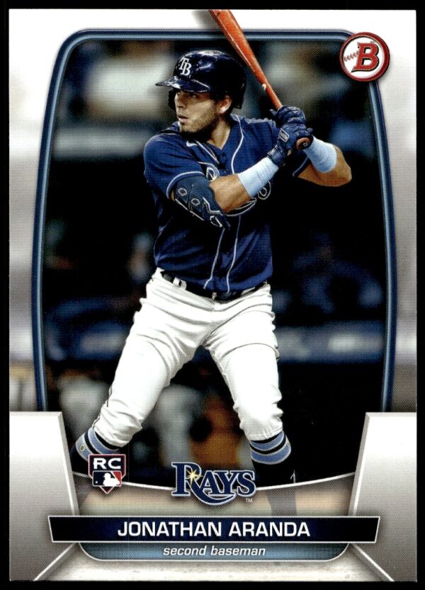 Front view of 2023 Bowman card #28 featuring Jonathan Aranda in action.