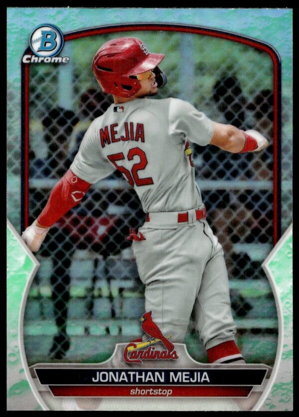 Jonathan Mejia 2023 Bowman Prospects Card #BP-15 with vibrant colors and player stats.