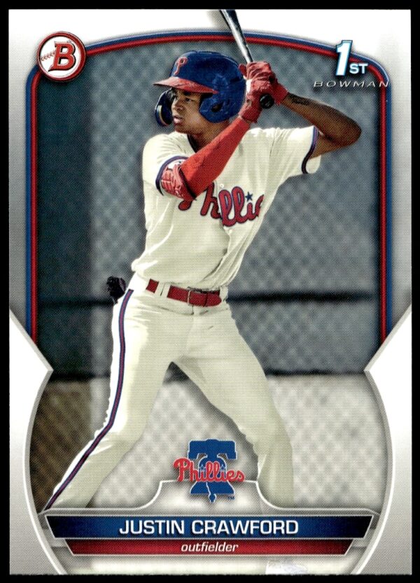 Baseball card featuring Justin Crawfords action shot on 2023 Bowman Prospects #BP-3.