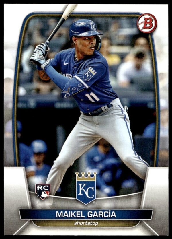 Maikel Garcia 2023 Bowman Rookie Card #44, showcasing dynamic baseball action and player details.