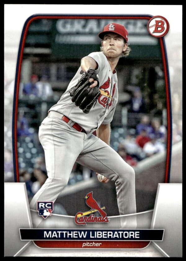 2023 Bowman Card featuring Matthew Liberatore, baseball star, number 48, dynamic pose.