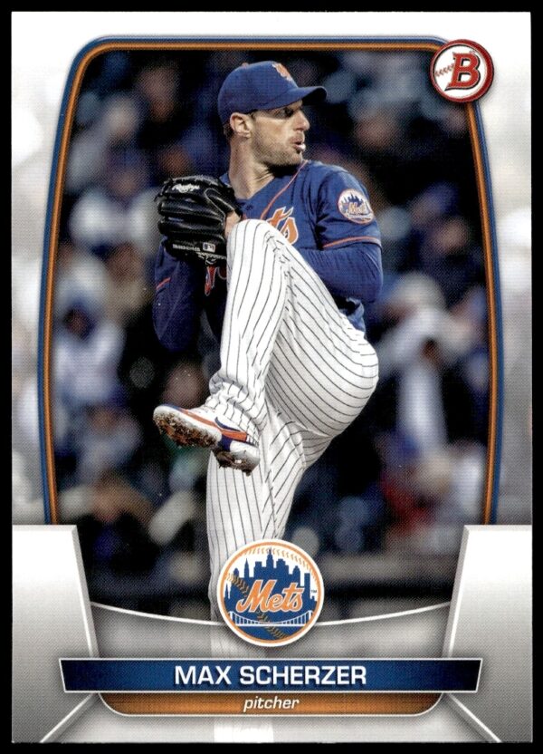Front of Max Scherzer 2023 Bowman Card #53 showcasing dynamic pitching action.
