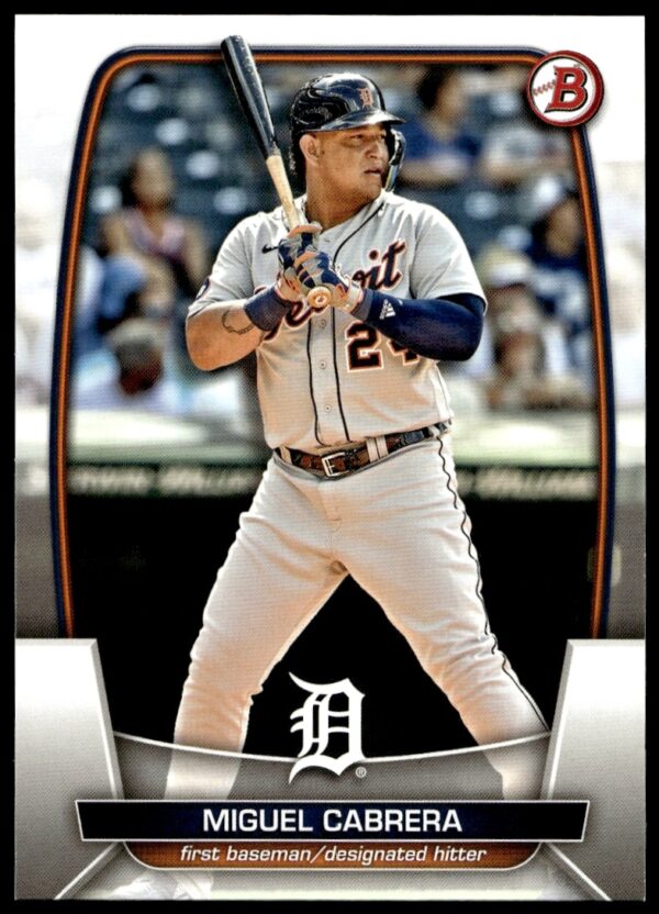 Miguel Cabrera at bat, 2023 Bowman card #27, Detroit Tigers, collectible sports card.