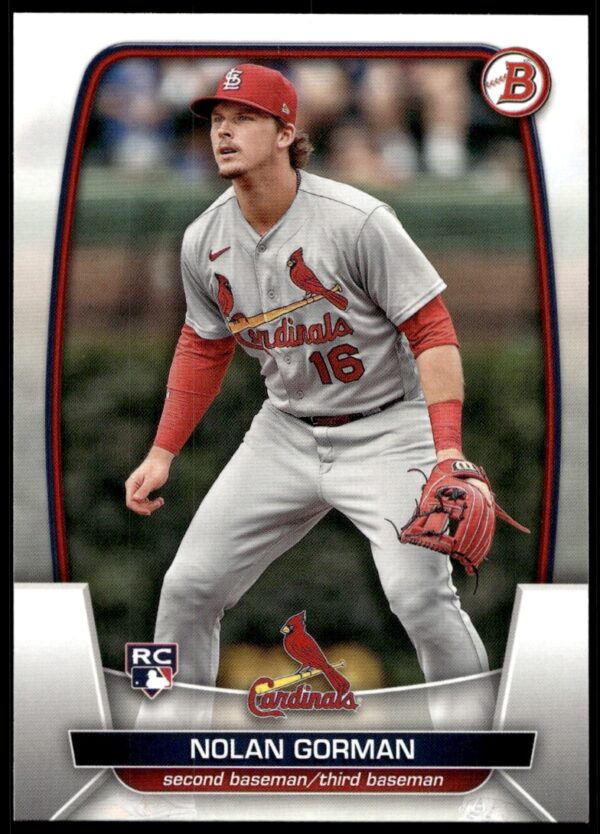 2023 Bowman Card: Nolan Gorman #6 Front, St. Louis Cardinals Uniform.