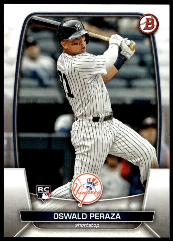 Oswald Peraza 2023 Bowman Card #70, showcasing Yankees infielders athletic action.