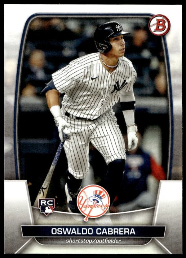 Oswaldo Cabrera 2023 Bowman card front with dynamic batting stance in team uniform.