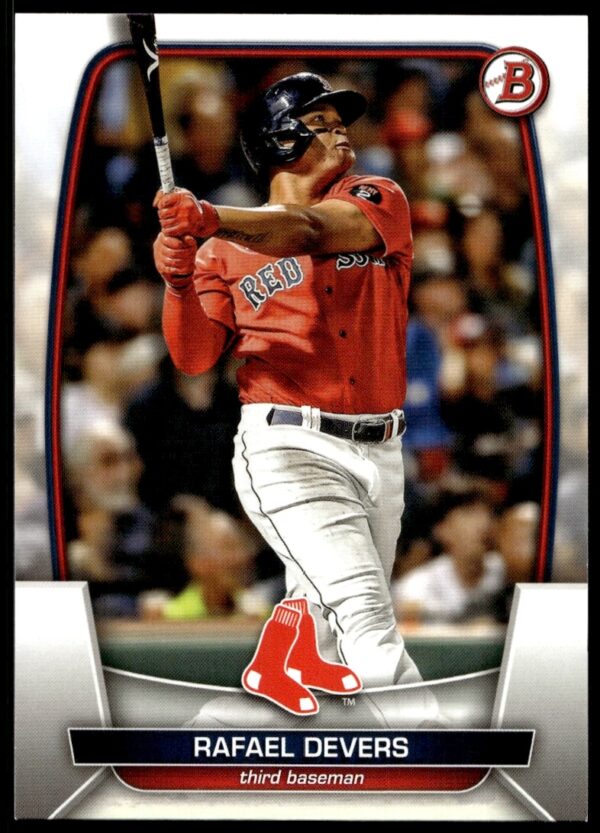 Rafael Devers 2023 Bowman Card #31 showcasing dynamic batting action front view.