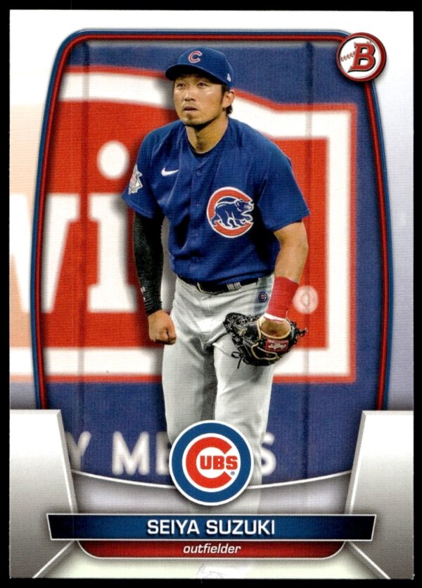 Seiya Suzuki 2023 Bowman Card #93, Chicago Cubs, poised swing action shot.