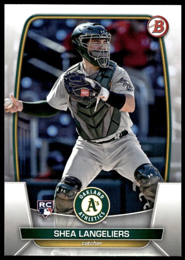 2023 Bowman Shea Langeliers #3 Baseball Card Front, featuring Langeliers in full gear.