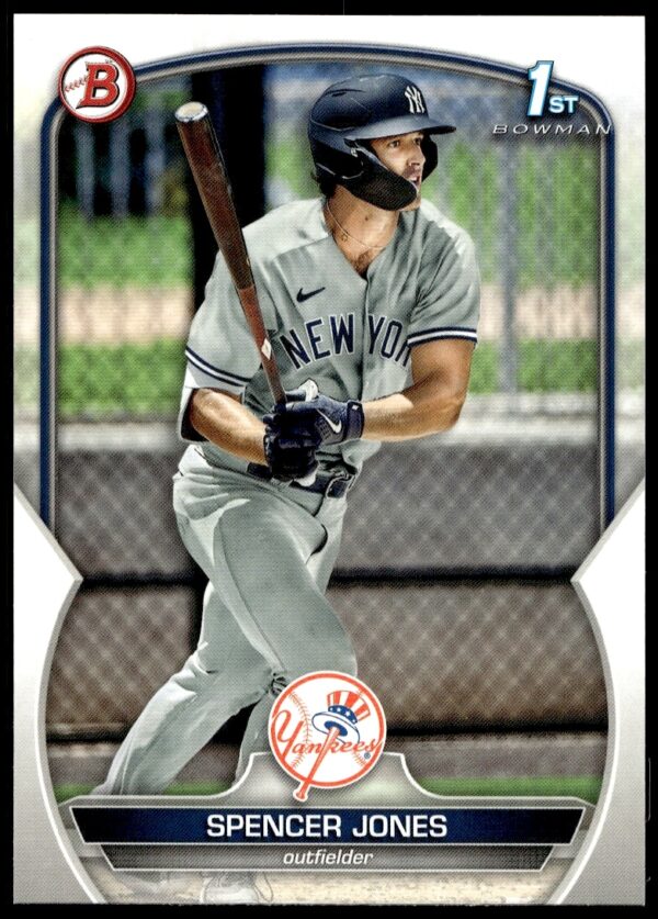 Spencer Jones 2023 Bowman baseball card #BP-139 showcasing a dynamic action shot.