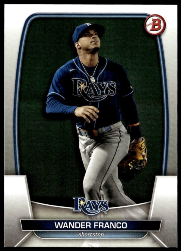 Front view of 2023 Bowman Wander Franco card #97, Tampa Bay Rays batting stance.