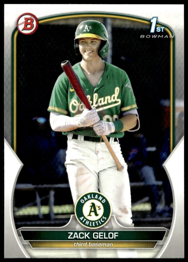 Zack Gelof 2023 Bowman Prospects card showcasing dynamic mid-action baseball play.