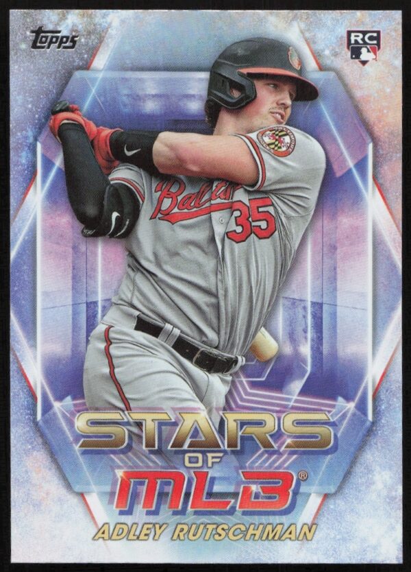 Adley Rutschman 2023 Topps Series 1 MLB Star Card featuring vibrant design and player stats.