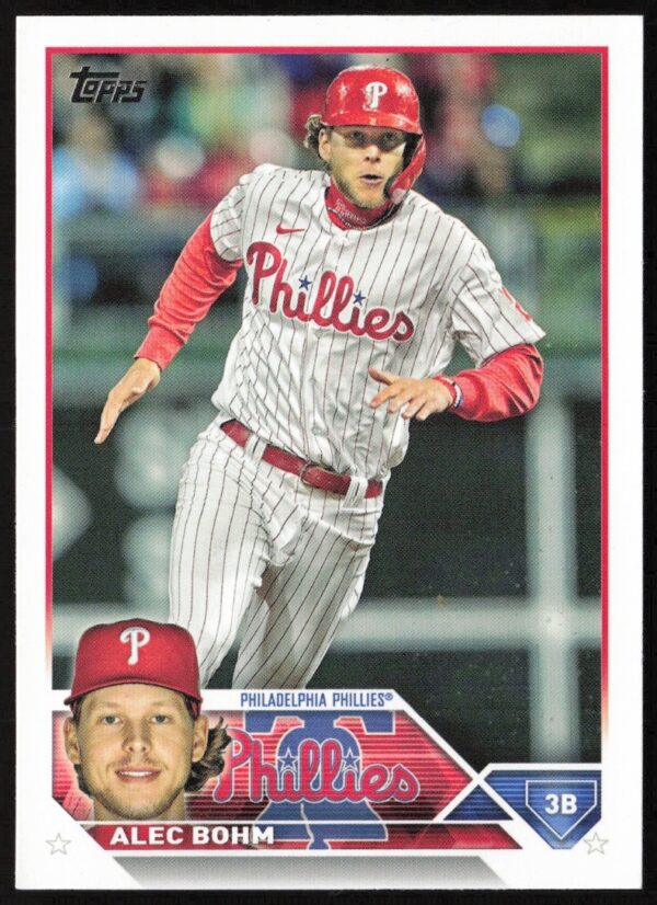 Alec Bohm 2023 Topps Series 1 baseball card showcasing Phillies stars powerful swing.