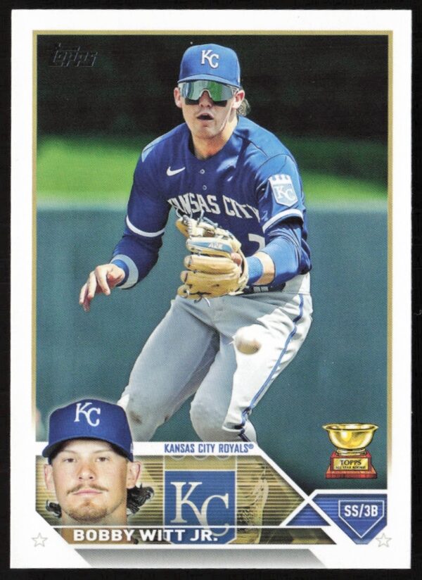 Front image of Bobby Witt Jr., 2023 Topps Series 1, Card #7, baseball action shot.