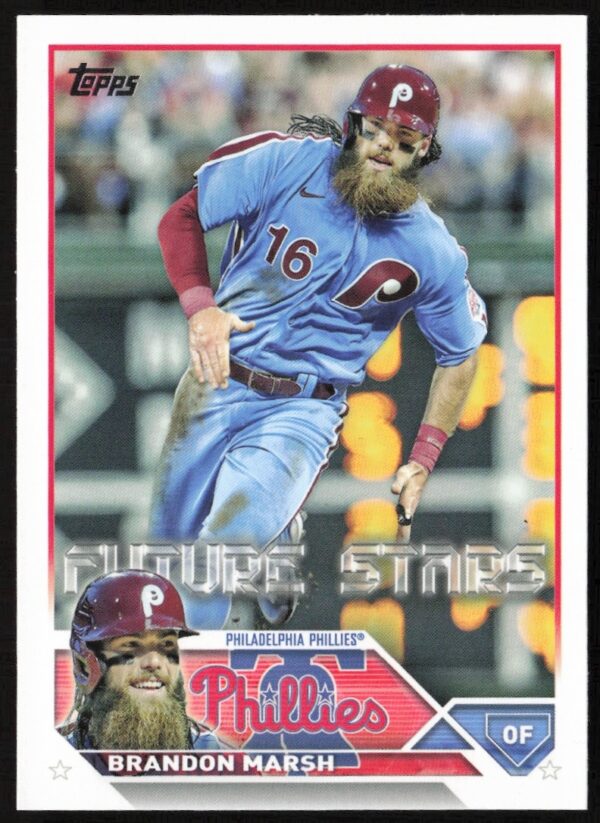 Brandon Marsh 2023 Topps Series 1 Card #237 in Phillies uniform, mid-action.