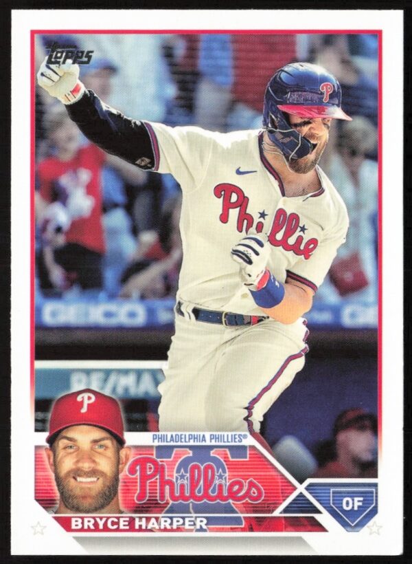 Bryce Harper 2023 Topps Series 1 Baseball Card #3, Phillies uniform, dynamic stadium backdrop.