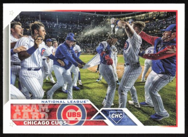 2023 Topps Series 1 Chicago Cubs Team Card features iconic players in vivid stadium setting.