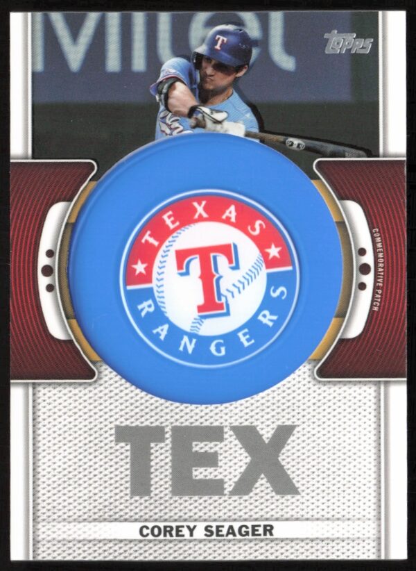 Corey Seager 2023 Topps card with team logo patch, perfect for collectors.