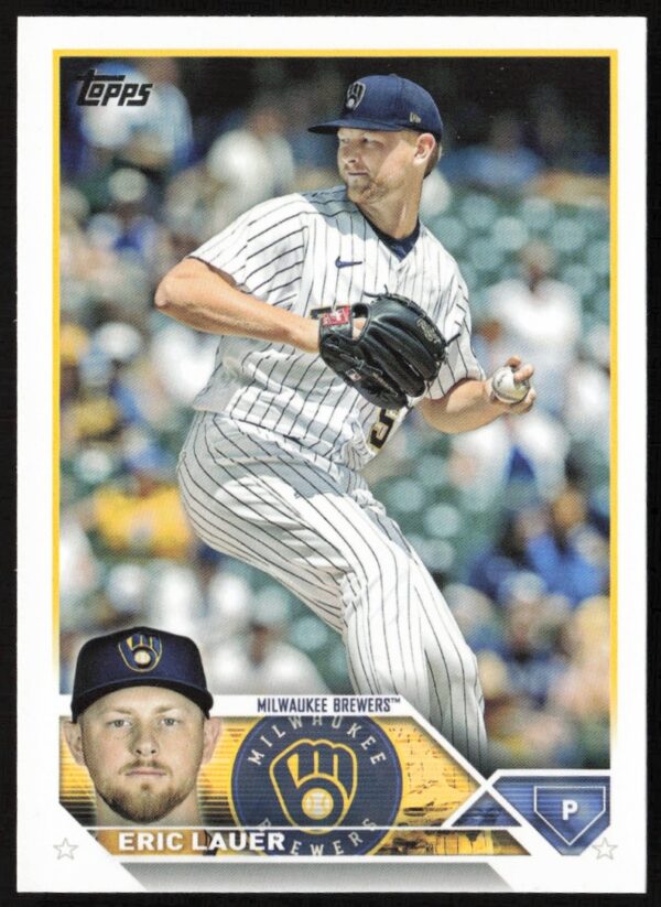 Eric Lauer 2023 Topps Series 1 Baseball Card in Brewers Uniform, Pitching Action.