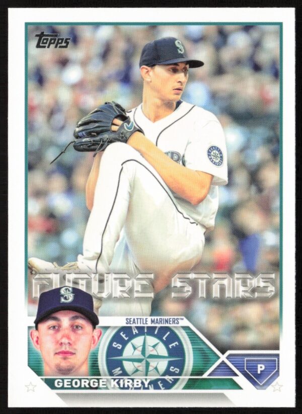 George Kirby 2023 Topps card #195 showcasing Mariners pitcher in action.