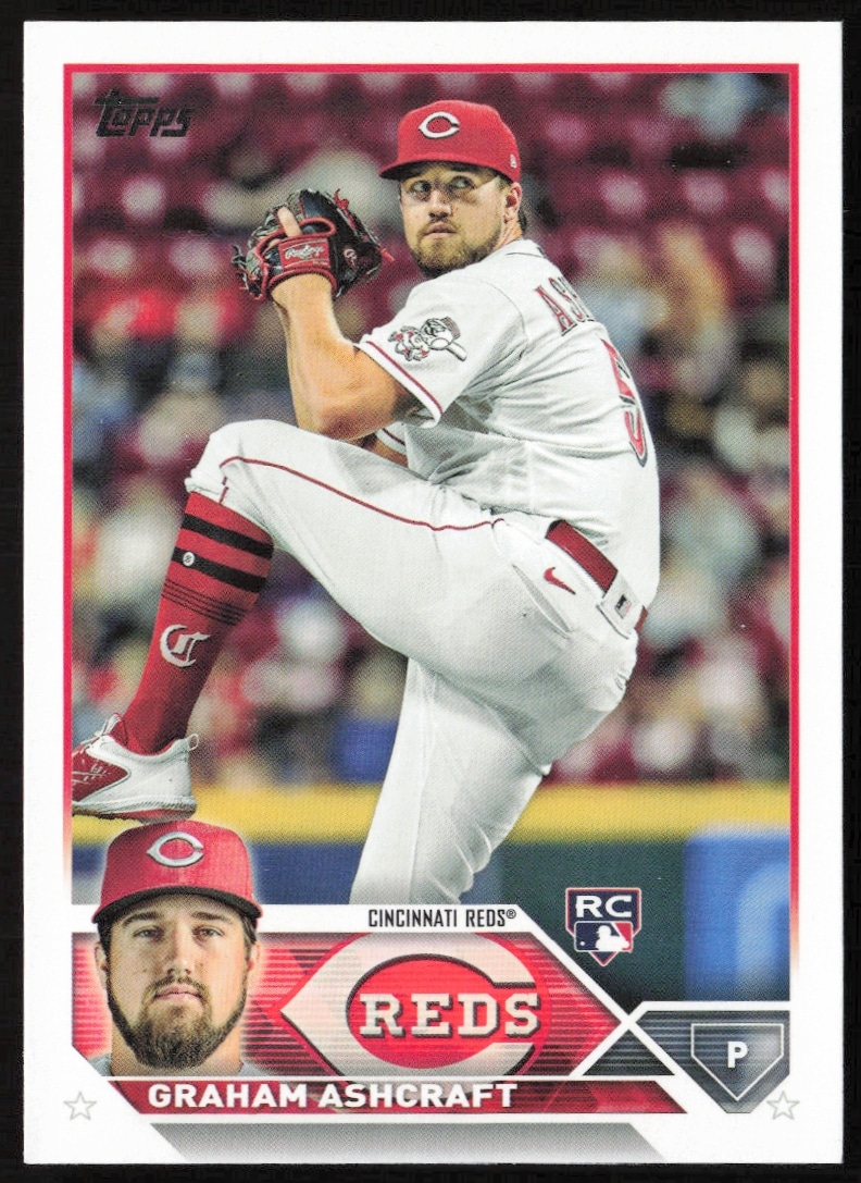 Graham Ashcraft pitching on 2023 Topps baseball card in Cincinnati Reds uniform.