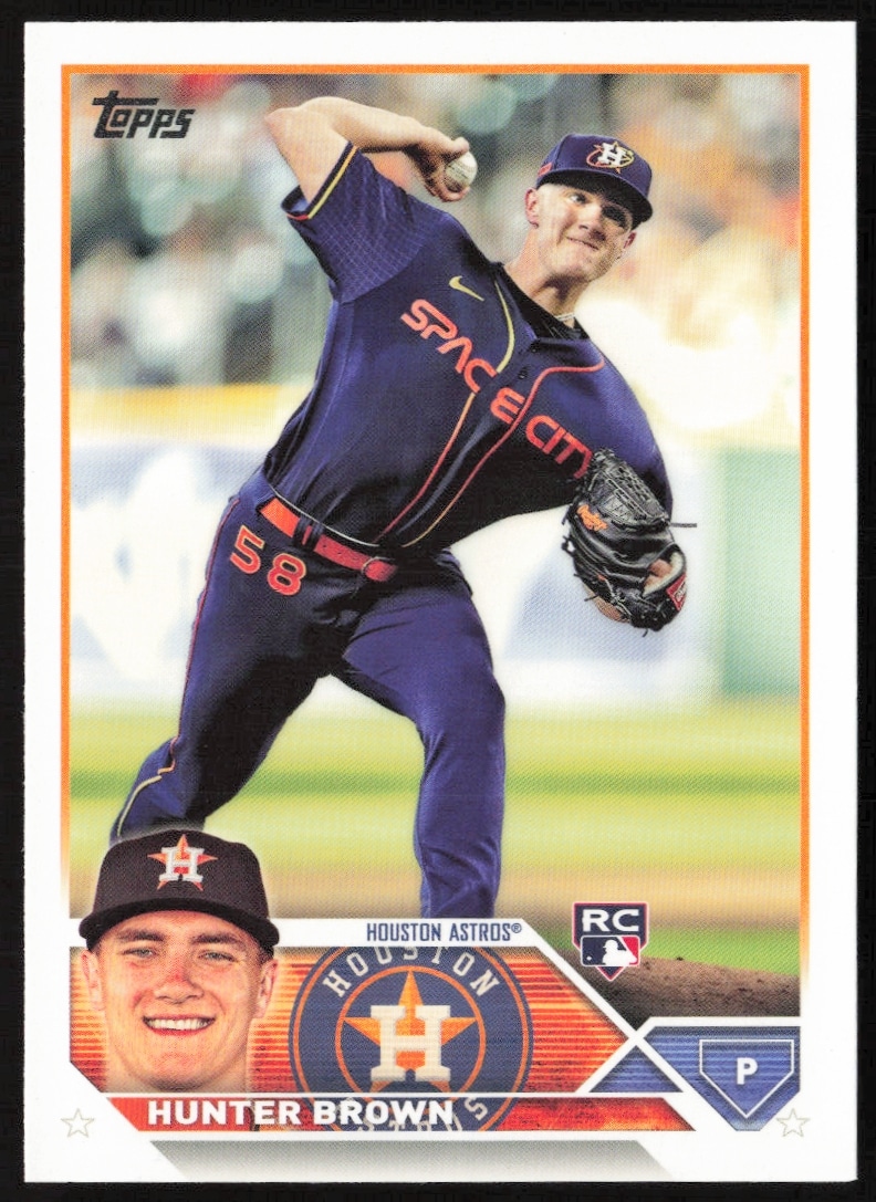 2023 Topps Series 1 Hunter Brown Rookie Card #111, action shot, baseball uniform.