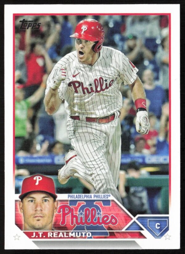 Front of 2023 Topps Series 1 J.T. Realmuto Phillies baseball card #293.