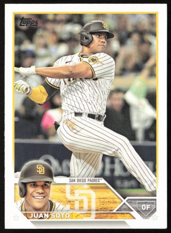 Juan Soto 2023 Topps Card #1, mid-swing baseball action shot.