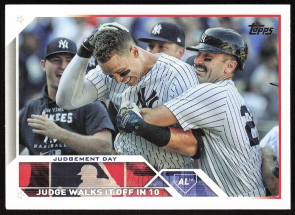 2023 Topps Judgement Day Baseball Card #245 with player stats and team line-ups.