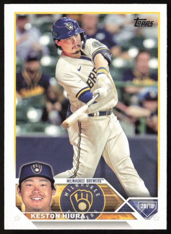 Keston Hiura 2023 Topps #104 Baseball Card, Action Shot, Front View.