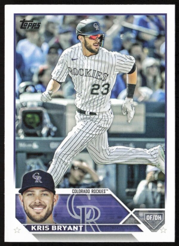 Kris Bryant baseball card 2023, Topps #158, displaying dynamic action shot.