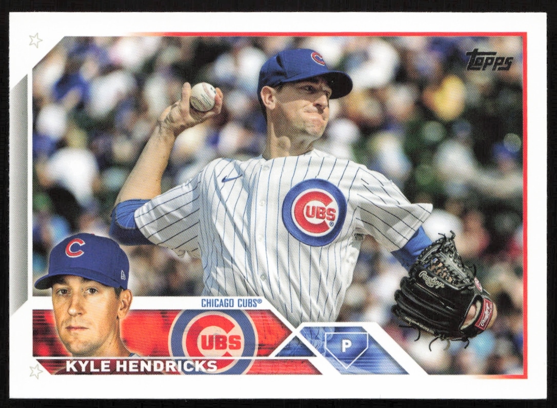 Kyle Hendricks 2023 Topps Card #137 showing pitching action in Chicago Cubs uniform.