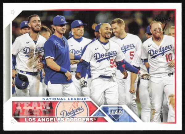 Front of 2023 Topps Dodgers baseball card #219 with player stats and action photo.