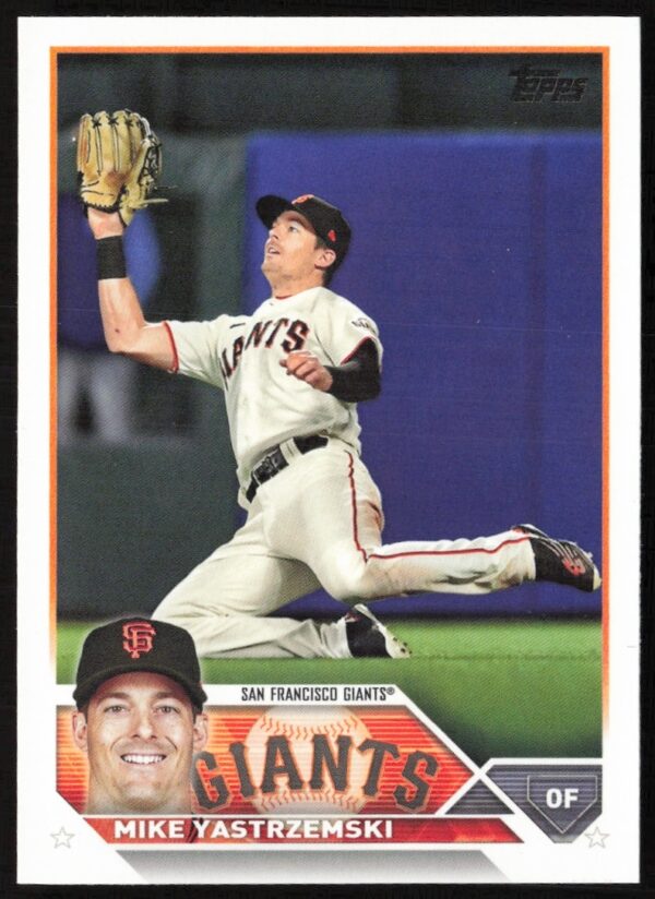 2023 Topps Mike Yastrzemski card featuring dynamic San Francisco Giants action.