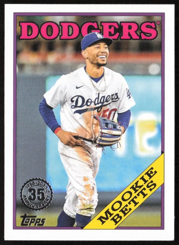 2023 Mookie Betts Topps card: 35th-anniversary of 1988 design with action shot.