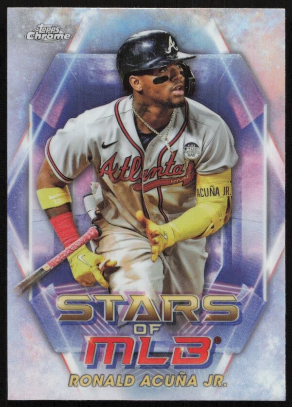 Front of 2023 Topps MLB Chrome card featuring Ronald Acuña Jr. poised with bat.