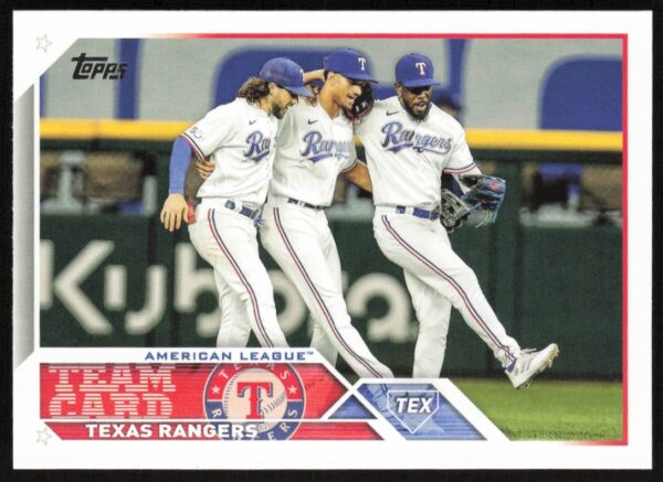 2023 Topps Texas Rangers Team Card #292 showcasing the teams official uniforms and camaraderie.