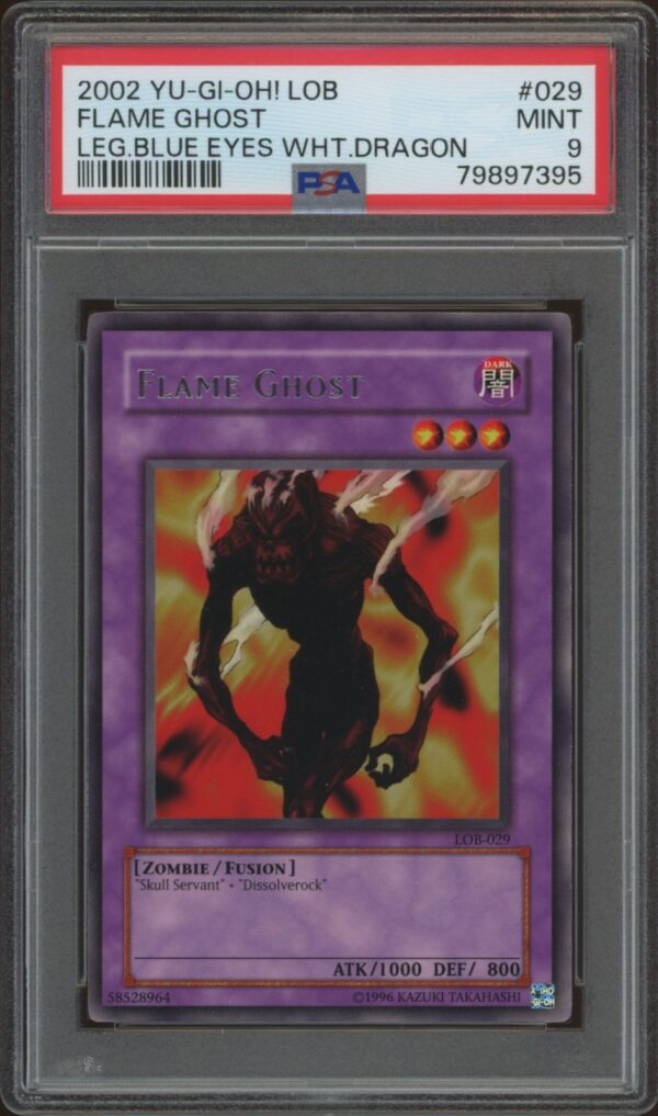 PSA 9-rated 2002 Yu-Gi-Oh! Flame Ghost Blue-Eyes White Dragon collectible card.